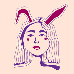 Girl with rabbit ears, graphic drawing woman bunny linear illustration.