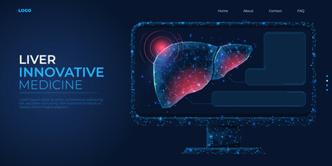 Digital 3d low poly model of the human liver. Concept for the treatment of cirrhosis, a hepatitis disease. Abstract background vector illustration. - obrazy, fototapety, plakaty