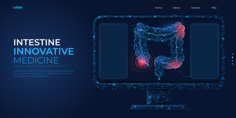 Digital 3d low poly model of the human intestine. Concept of gastrointestinal pain and cancer treatment. Abstract background vector illustration.