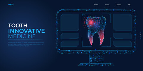 Digital 3d low poly tooth model. Dental treatment concept. Abstract background vector illustration.