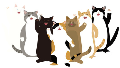 七匹の猫が手を挙げて大笑いで福を招く　招福招き猫
