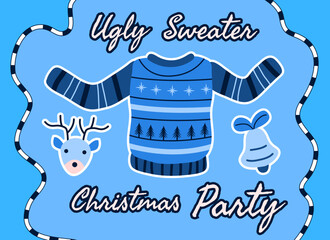 Christmas card with ugly sweater party theme in blue with embroidery. Vector illustration of a poster or cover for a party, greeting and invitation to celebrate the holiday and happy new year