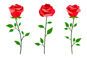 Set of red roses in a flat style. Silhouettes of blooming roses. Modern elegant floral pattern. Abstract set of three flowers with leaves. Perfect for your own decor or design. Vector illustration