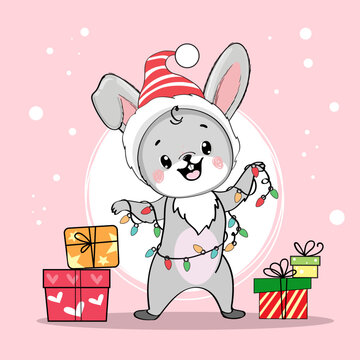 Cute cartoon christmas bunny. Vector illustration rabbit in kawaii style. Chinese symbol 2023 new year