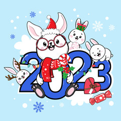 Cute cartoon rabbits and numbers 2023. Vector illustration of kawaii style. Chinese symbol new year. Christmas and new year card