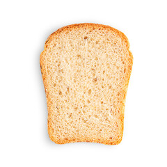 Top view of single slice of homemade organic bread made of wheat flour and yeast isolated on white...