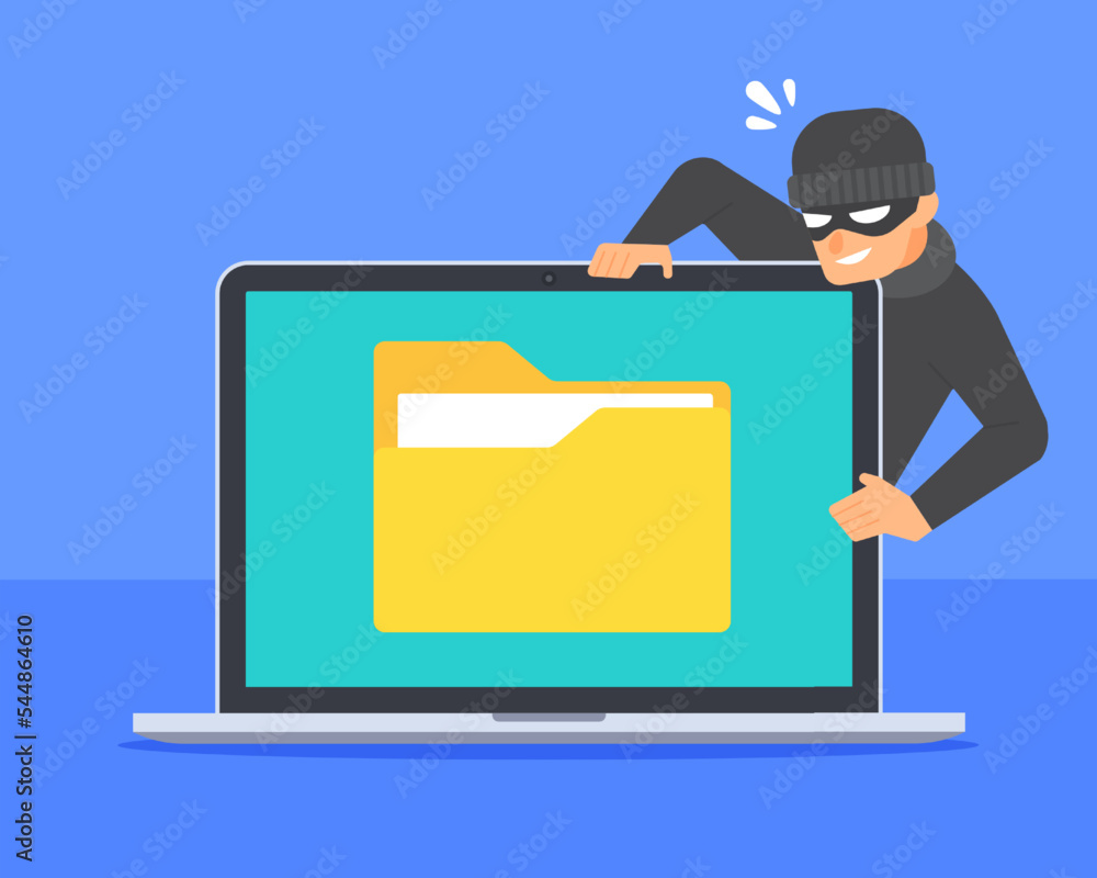 Poster hacker stealing document folder icon inside laptop screen. concept of data breach, file hacking, com