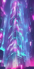 Cyberpunk skyscraper tree, pink neon lights, artstation, digital art