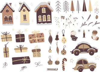 Set of Christmas and New Year elements. Hand drawn illustration. Cute cars, sweets, trees, houses, and other elements. Best for New Year or Christmas design