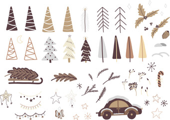 Set of Christmas and New Year elements. Hand drawn illustration. Cute cars, sweets, trees, houses, and other elements. Best for New Year or Christmas design