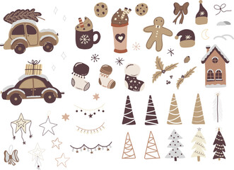 Set of Christmas and New Year elements. Hand drawn illustration. Cute cars, sweets, trees, houses, and other elements. Best for New Year or Christmas design