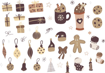 Fototapeta na wymiar Set of Christmas and New Year elements. Hand drawn illustration. Cute cars, sweets, trees, houses, and other elements. Best for New Year or Christmas design