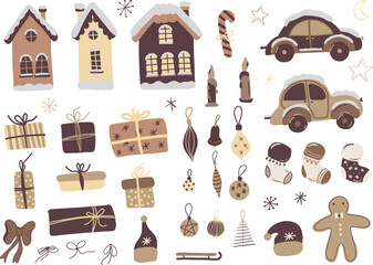 Set of Christmas and New Year elements. Hand drawn illustration. Cute cars, sweets, trees, houses, and other elements. Best for New Year or Christmas design