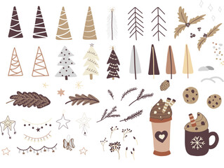 Set of Christmas and New Year elements. Hand drawn illustration. Cute cars, sweets, trees, houses, and other elements. Best for New Year or Christmas design