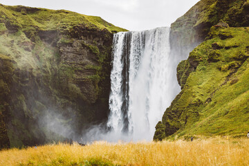 Famous Skogafoss waterfall, Iceland, Europe - no tourists in autumn