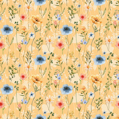 Seamless pattern with multi-colored flowers on a yellow background, watercolor illustration.	
