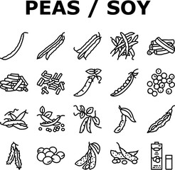 soy bean food pea green icons set vector. vegetable, vegetarian healthy, soybean seed, organic pod, plant fresh, protein soy bean food pea green black contour illustrations