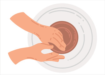 Hands of the master on the potter's wheel. Making handmade ceramics. Pottery training. Vector illustration of hobby and creativity.