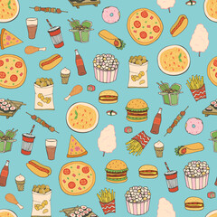 Fast Food vector seamless pattern.