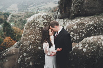 Happy wedding couple posing over beautiful landscape in the mountains