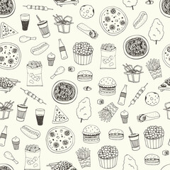 Fast Food vector seamless line pattern.
