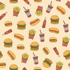 Fast Food vector seamless pattern.