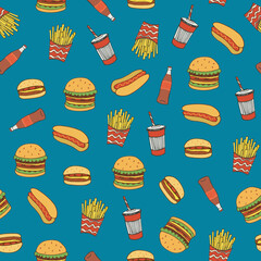 Fast Food vector seamless pattern.