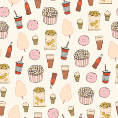 Fast Food movie set vector seamless pattern.