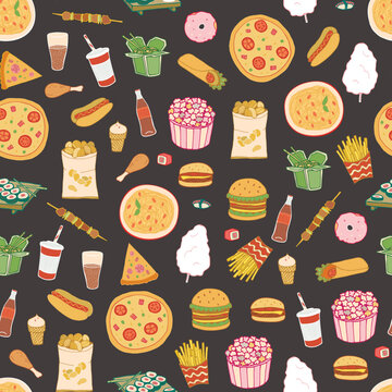 Fast Food vector seamless pattern.