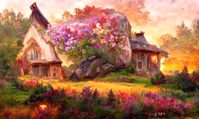 A cozy stone village house on a grass field. Rural beautiful landscape with flowers and trees. Digital painting illustration.