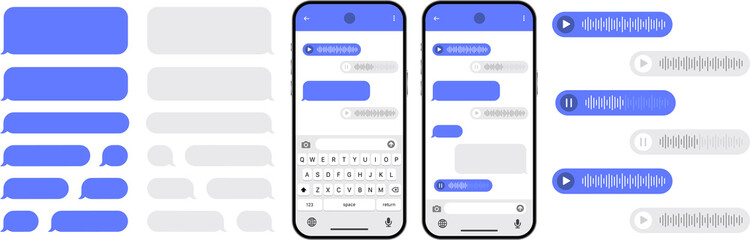 Messenger chat screen. SmartPhone chatting sms template bubbles. SMS chat composer. Sms template bubbles for compose dialogues. PNG image
