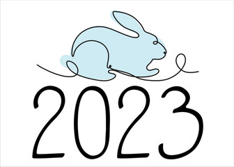 Rabbit symbol of the new year in a linear style. Cute rabbit with numbers 2023. Chinese New Year card. Vector holiday illustration.