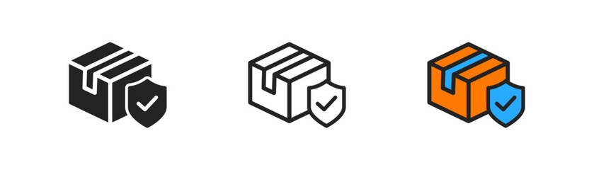 Delivery insurance outline icon. Package box with blue shield. Secure parcel shipment concept. Risk coverage symbol. Flat design.