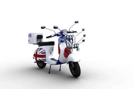 3D illustration of a mod style motor scooter with multiple lights and wing mirrors isolated on a transparent background.