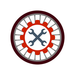 Bike repair and servicing logo. Bicycle wheel and crossed wrenches. Vector illustration.