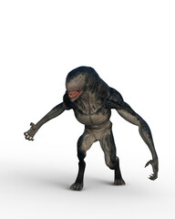 3D Rendering alien creature stalking prey isolated on a transparent background.
