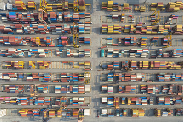 Aerial top view Container yard in the harbor area.