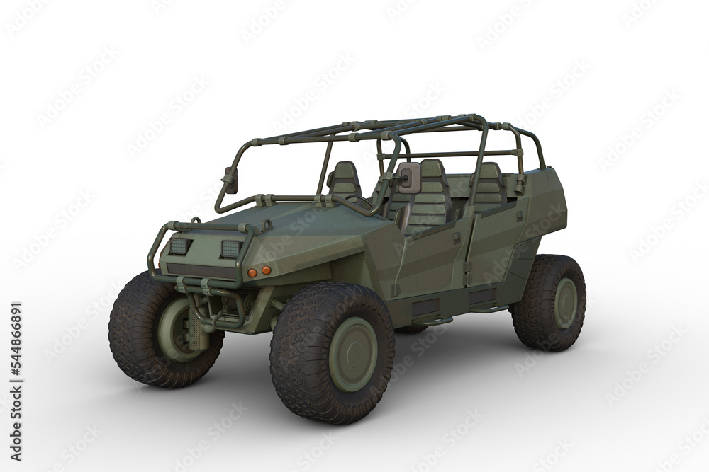 Poster 3D rendering of a green military all terrain vehicle isolated on a transparent background.