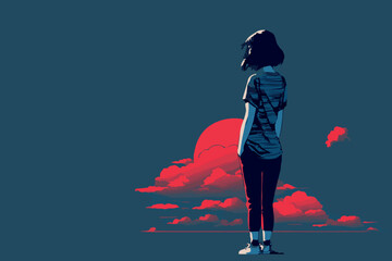 Sad girl looking in the distance. Negative unhappy feeling. Depression, loneliness. Thinking. Heartbroken woman. Nostalgic, girl thinking about the past. Emotional art. Vector, comic illustration. - obrazy, fototapety, plakaty