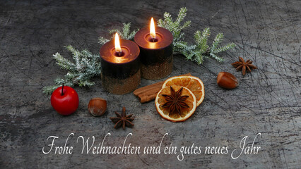 Weihnachtskarte mit Neujahrsgruß - Frohe Weihnachten und ein gutes neues Jahr, Dekoration mit...