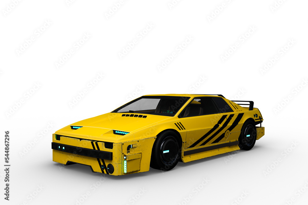 Poster 3d rendering of a yellow and black cyberpunk style futuristic car isolated on a transparent backgrou