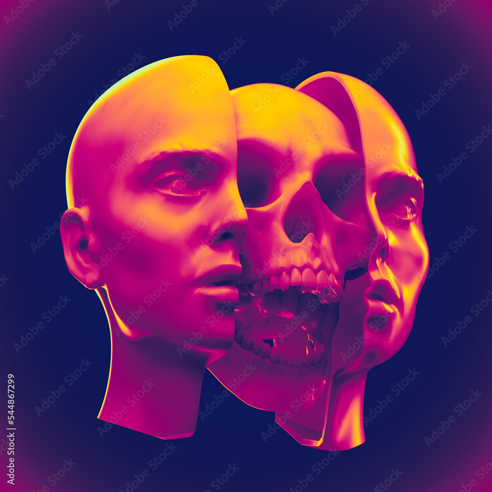 Poster abstract anatomic concept illustration from 3d rendering of a marble female head sliced open in two 