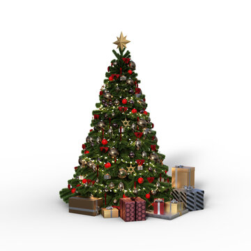3D rendering of a Christmas tree decorated with baubels and tinsel with lights, a star on top and presents on the floor isolated on a transparent background.