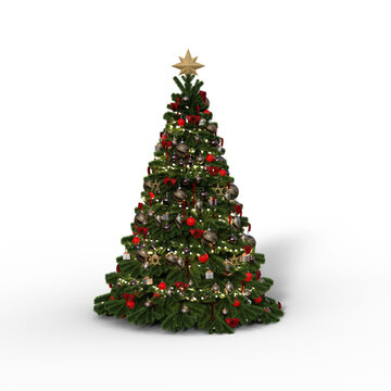 3D rendering of a Christmas tree decorated with baubles and tinsel with lights and a star on top isolated on a transparent background.