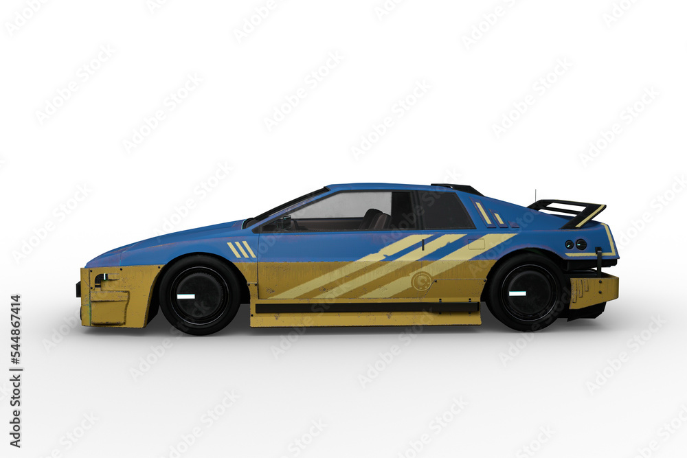 Poster Side view 3D rendering of a blue and yellow futuristic cyberpunk style car isolated on a transparent background.