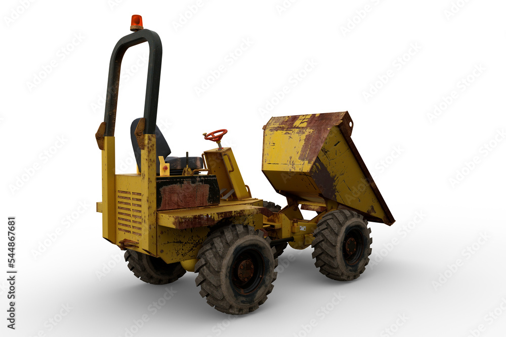 Poster 3d rendering of a dirty yellow construction dumper truck with muddy tyres viewed from rear perspecti