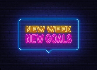 New Week New Goals neon quote on brick wall background.