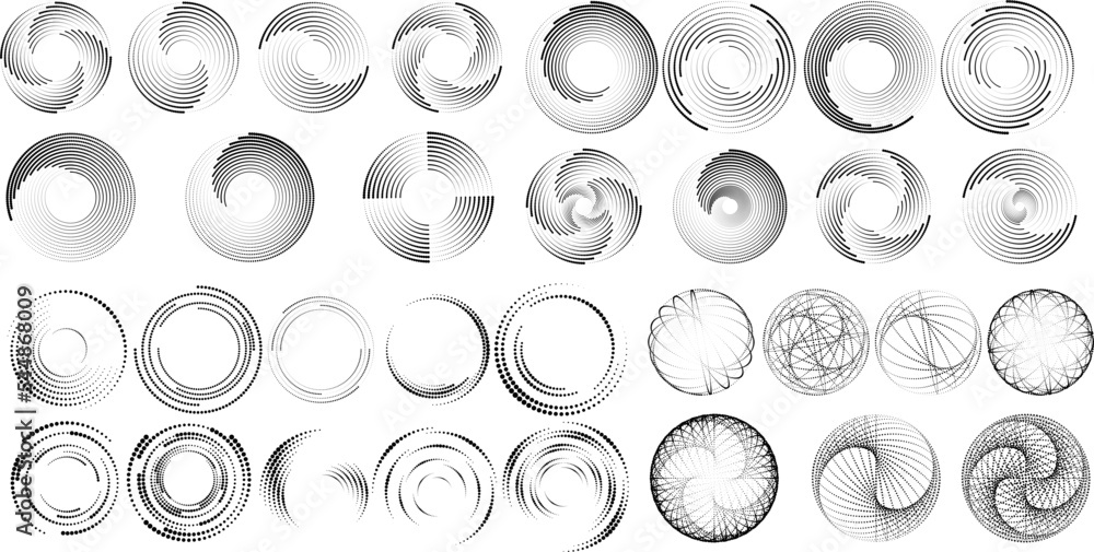 Poster design elements with circular halftone dots. vector rotating dotted circles design . half tones coll