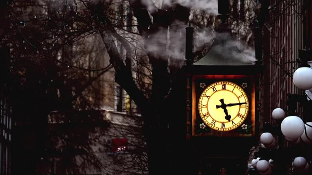 Close shot of a Steam Clock in Gastown ,Downtown Vancouver in dark moody daylight