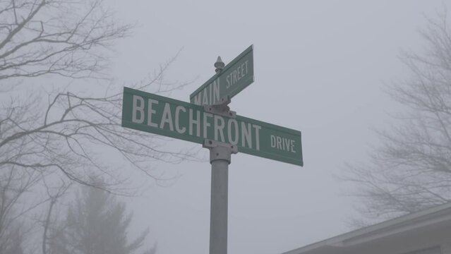 Street sign at winter camp in upstate New York at the corner of main street and beachfront drive.